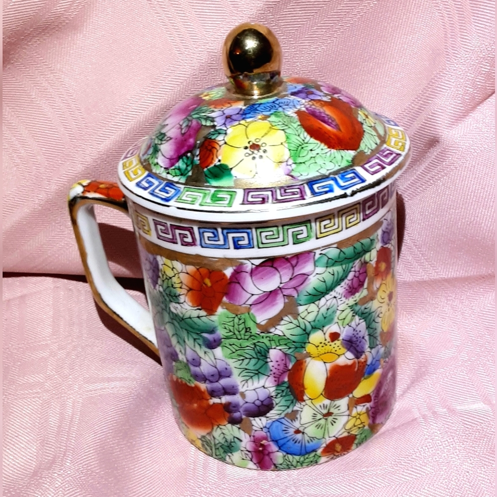 Vintage Hand Painted Oriental  Floral Porcelain Tea Cup With Lid